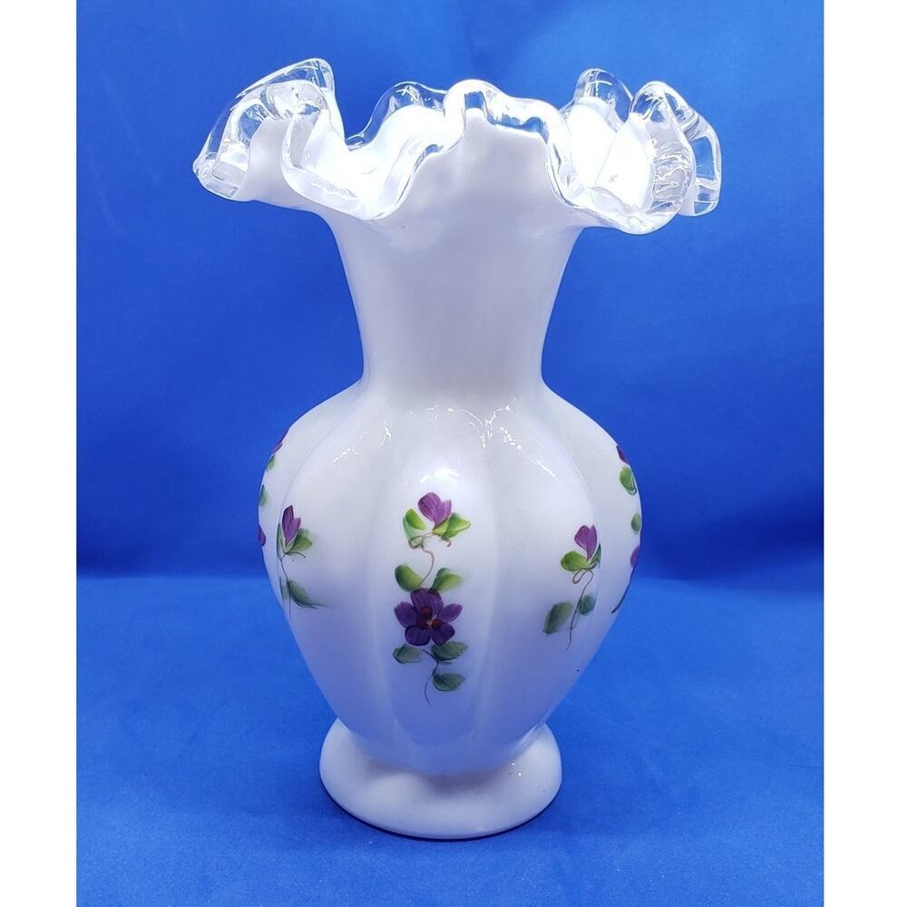 Vintage Fenton Vase Hand Painted Floral Ruffled Edge 7" Art Glass Violets